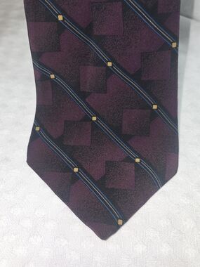 Bugatti Deep Plum Tie with Navy and Gold Stripe Accents 100% ITALIAN SILK
